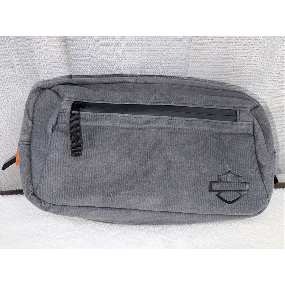 Harley Davidson Grey Canvas Fanny Pack Belt Bag Logo Zip Pouch Two Pockets